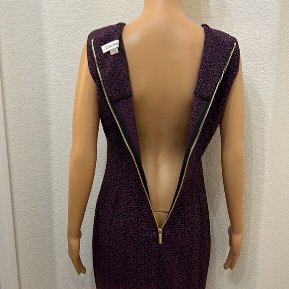 Calvin Klein Printed Sheath Dress, SZ 8 Scoop Neck Sleeveless Midi Gold Zipper - Picture 7 of 15